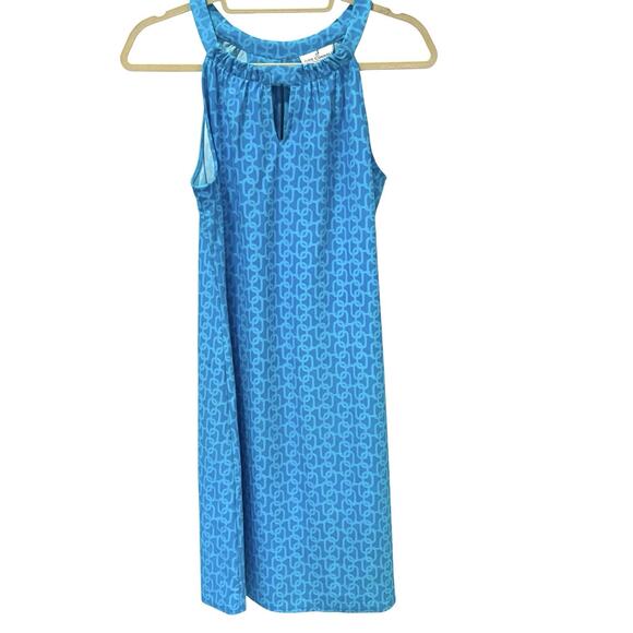 Jude Connally Lisa Halter Bright Blue Chain Pattern Dress Small Keyhole Stretch - Picture 1 of 6
